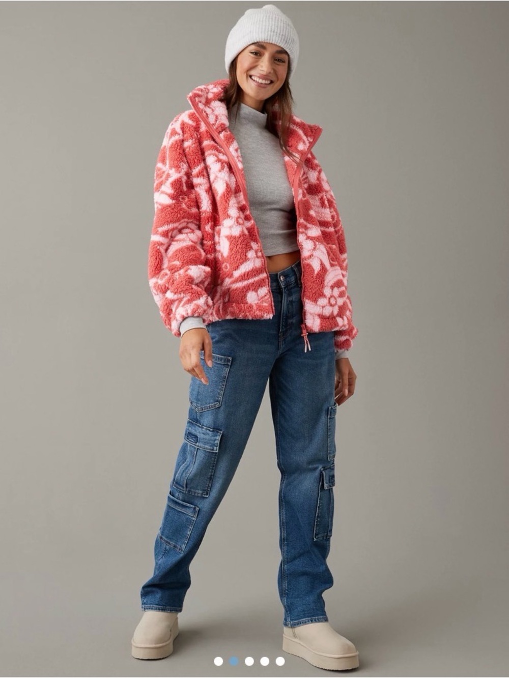 American Eagle Outfitters Coral Floral Sherpa Zip Jacket